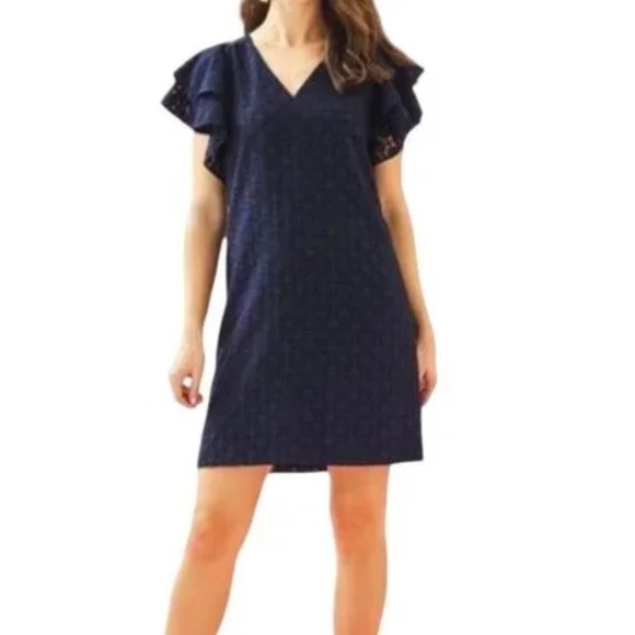 Lilly Pulitzer Dresses & Skirts - Lilly Pulitzer Kathie dress navy blue metallic ruffle sleeves v-neck Size 2